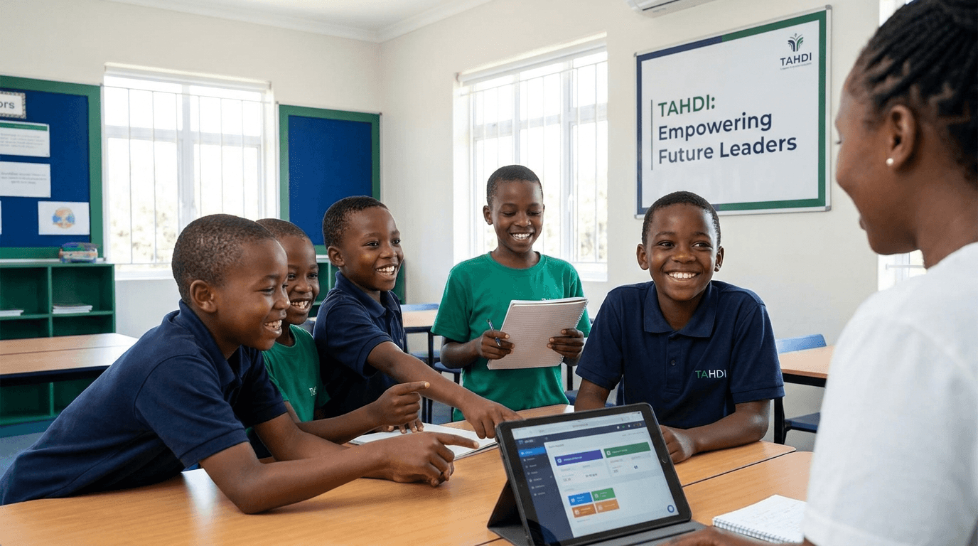 Boys learning together in a classroom at a TAHDI session