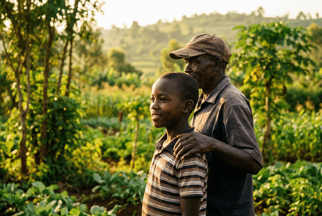 A mentor standing with a boy in a community garden