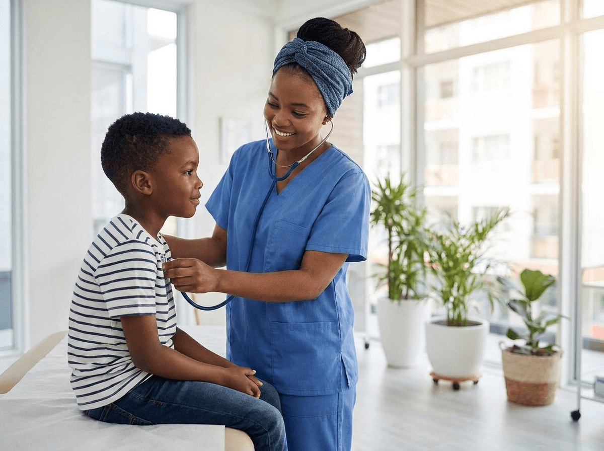 A healthcare worker checking a boy during a wellbeing visit